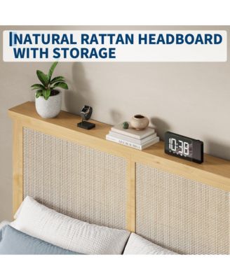 Rattan Bed Frame with Solid Wood Foundation & Natural Rattan Headboard and LED Lights