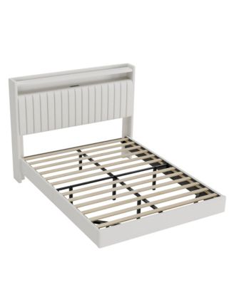 Floating Bed Frame Queen RGB LED Lights Charging Station 50 Headboard Leather Upholstered Platform No Box Spring