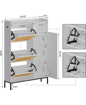 Shoe Cabinet with 3 Flip-out Drawers Natural Rattan Freestanding Shoe Organizer with 4 Open Shelves Side Cabinet Hidden Wood Shoe Rack