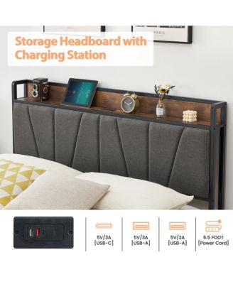 Bed Frame 2 Storage Drawers Charging Station Linen Upholstered Headboard No Box Spring Noise