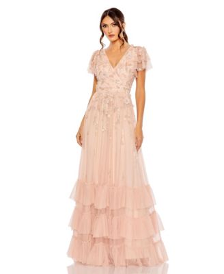 Women's Ruffle Tiered Embellished Faux Wrap Flutter Sleeve Gown