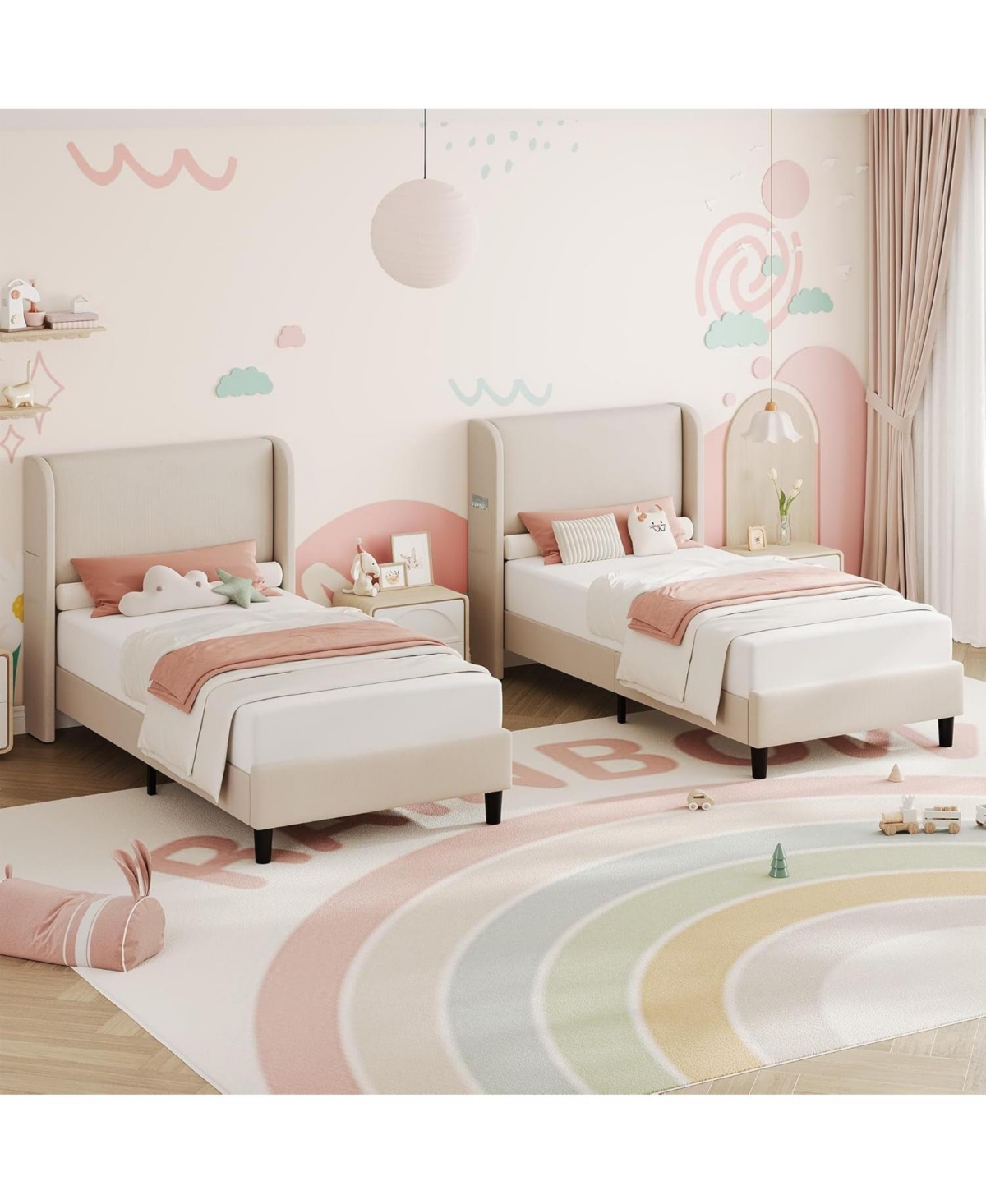 gaomon Wingback Bed Frame Vertical Stripe Velvet Upholstered 2 Storage Pockets Wood Slats Easy Assembly No Box Spring