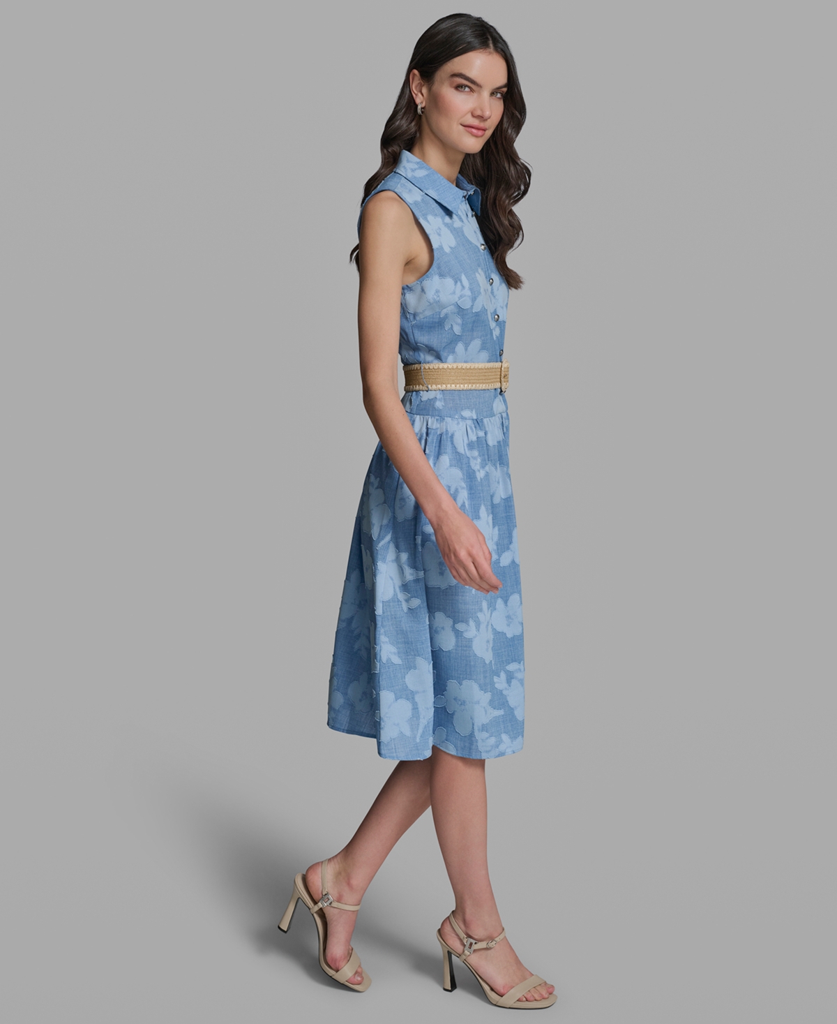 Karl Lagerfeld Paris Petite Collared Neck Burnout Midi Dress