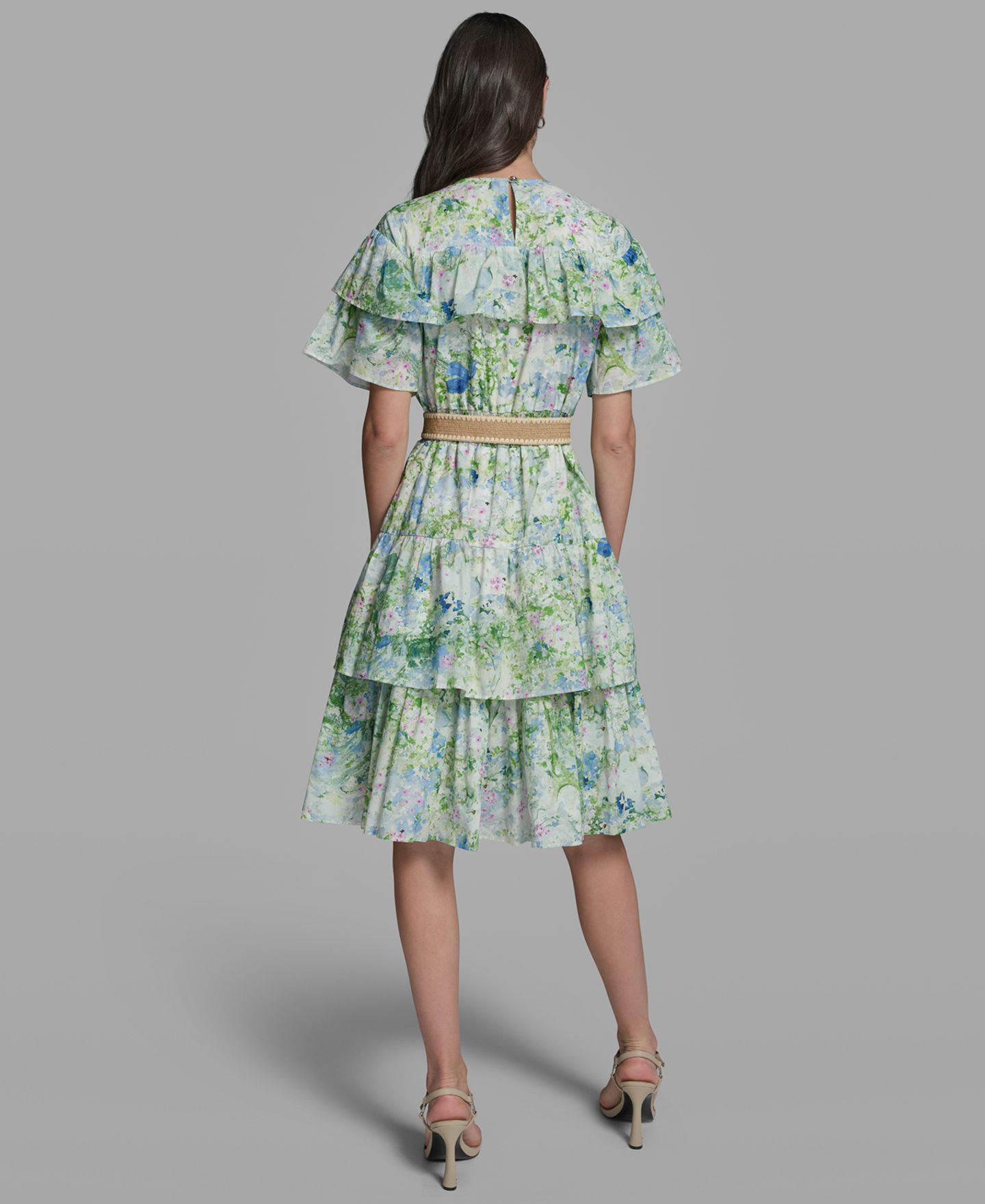 Женское платье KARL LAGERFELD PARIS Petite Crew Neck Tiered Midi, цвет: Небесно-голубой разноцветный — фото 4