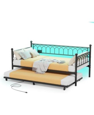 Daybed with Trundle, Metal Twin Trundle Bed with Charging Station & LED Lights, Sofa Beds Frame with Pull Out Bed for Living Room, Guest Room.