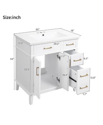 30" Bathroom Vanity with Ceramic Sink, Modern Storage Cabinet with 2 Soft-Close Doors & Deep Drawer for Small Bathrooms