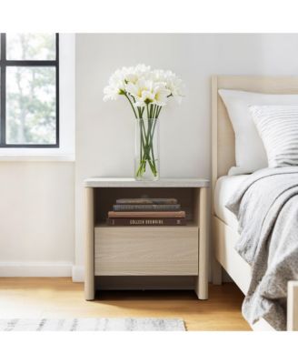 19.7" Snowy Oak Nightstand with Drawers, Modern Bedside Table with Faux Travertine Top