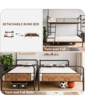 Full Metal Bunk Bed Convertible High Guardrail Ladder Underbed Storage No Box Spring Space-Saving