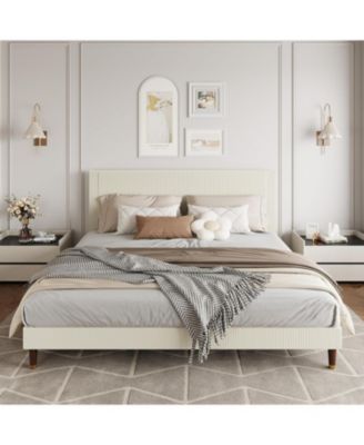 Upholstered Platform Bed Fabric Headboard Wooden Metal Slats Noise-Free Easy Assembly No Box Spring