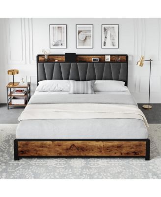Linen Upholstered Platform Bed 4 Drawers Charging Station Vintage Headboard Wooden Slats No Box Spring Easy Assembly