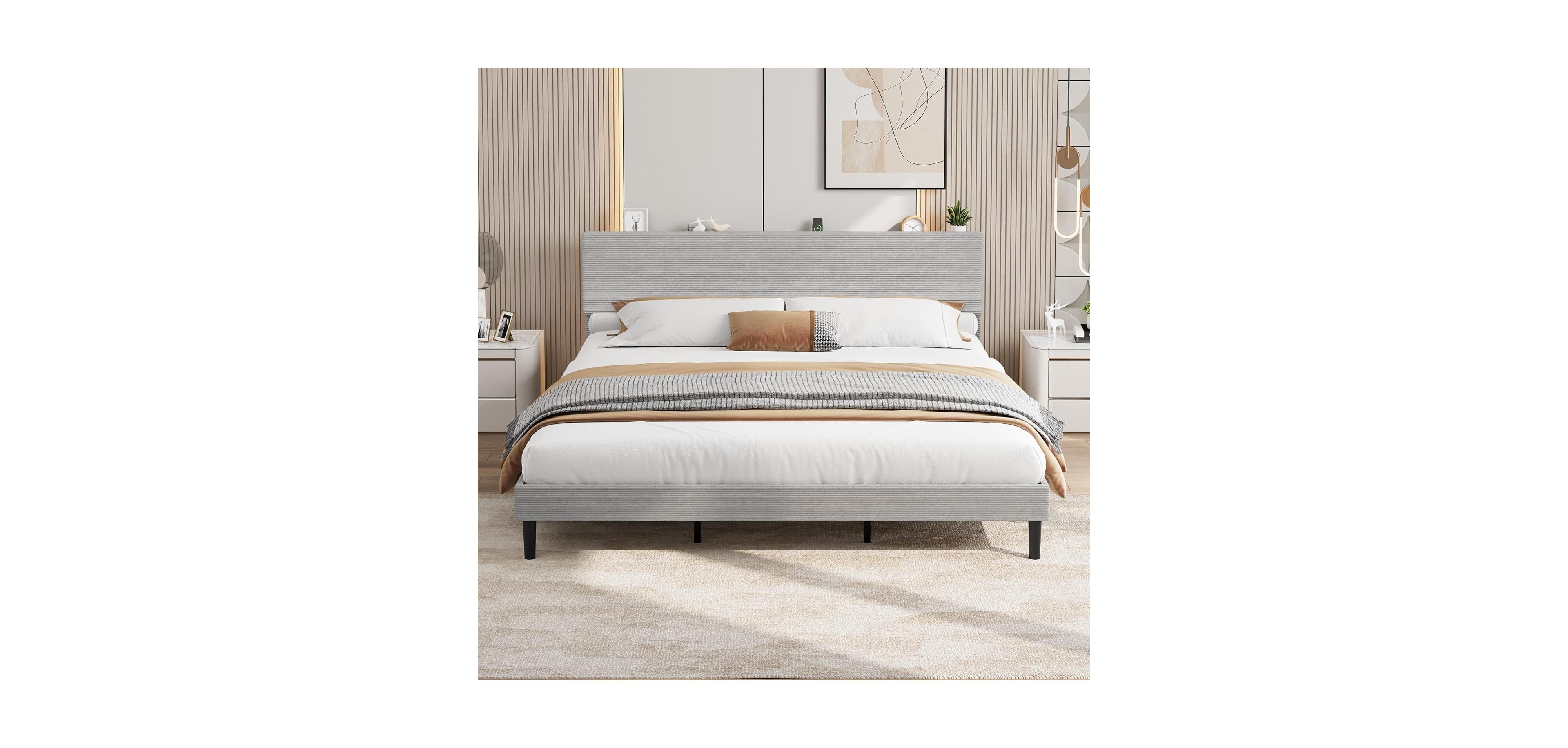 gaomon King Size Bed Frame with Usb Charging Station, Corduroy Upholstered Platform Bed Frame with Adjustable Storage Headboard, Wooden Slats Support