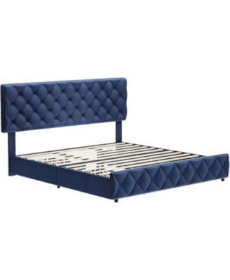 Upholstered Platform Bed Frame with Adjustable Headboard & 4 Storage Drawers - Diamond Tufted Linen - Sturdy & Noise