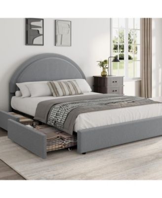 Full Bed Frame Storage Drawers Upholstered Boucle Platform Round Headboard Heavy Duty Noise-Free No Box Spring Light