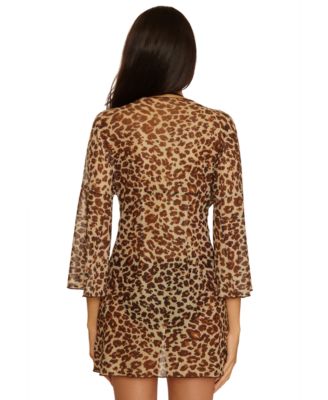 Women's Safari Leopard Mesh Tie-Front Cover-Up Tunic