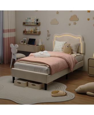 Upholstered Bed Frame with Smart LED and Adjustable Bear Headboard, Velvet Princess Platform Bed, Wooden Slats Support Kids Bed
