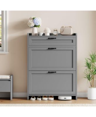 Shoe Cabinet with 2 Flip Drawers & 1 Top Drawer, Wooden Shoe Organizer Cabinet with Adjustable Shelf, Freestanding Shoe Storage Cabinets