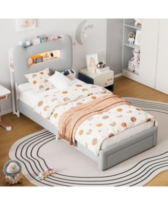 LED Bed Frame with Drawer Upholstered Storage Headboard Charging Station Noise-Free Low Profile.