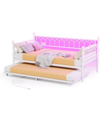 Metal Daybed with Trundle Sofa Bed Frame Charging Station LED Lights for Living Room Guest Room