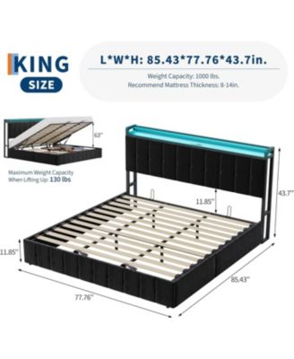  Bed Frame Lift-Up Storage LED Lights Upholstered Velvet Charging Headboard Metal Frame Wooden Slats No Box Spring