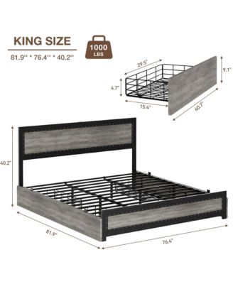 King Bed Frame Industrial Headboard Charge Station 4 Storage Drawers Metal Slats Easy Installation Noise Free