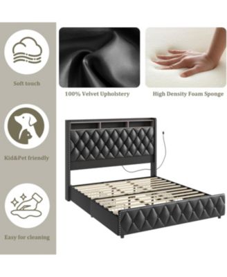PU Leather Upholstered Bed Frame with 4 Storage Drawers, USB Charging Station & LED Lights