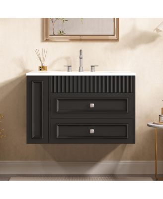 30" Wall Mounted Bathroom Vanity with Sink, Modern MDF Cabinet, 2 Drawers and Open Shelves for Small Spaces