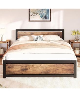 Bed Frame Metal Platform with Wooden Headboard Footboard Non-Slip Under Storage Noise-Free No Box Spring.