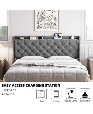  Upholstered Bed Frame Wingback Headboard Linen Deep Button Tufted Storage Shelf Charging USB No Noise Box Spring Optional