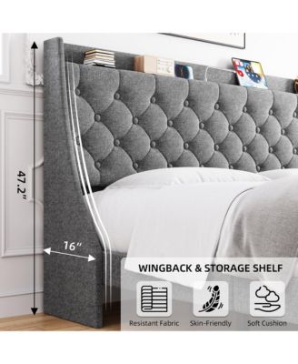  Upholstered Bed Frame Wingback Headboard Linen Deep Button Tufted Storage Shelf Charging USB No Noise Box Spring Optional