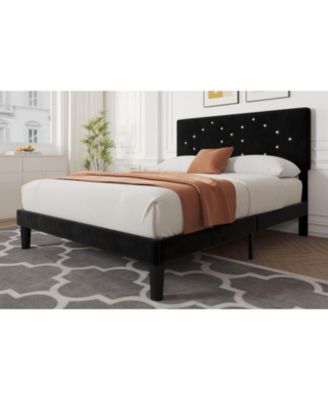 Bed Frame Upholstered Platform Button Tufted Headboard Under-Bed Storage Wooden Slats Noise Free No Box Spring