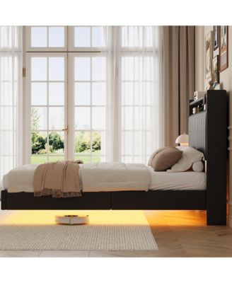 Floating Bed Frame Queen RGB LED Lights Charging Station 50” Leather Headboard Upholstered Storage No Box