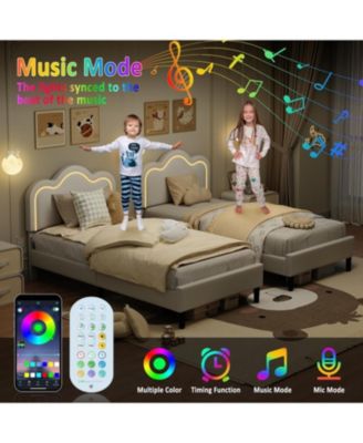 Upholstered Smart LED Bed Adjustable Hills Headboard PU Leather Platform Wooden Slats No Box Spring Easy Assembly