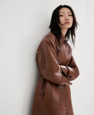 Women's Long Faux-Leather Belt Trench Coat