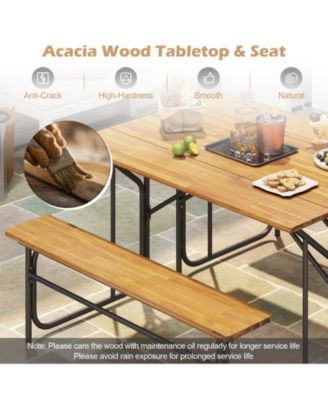 Patio Table Bench Set for 2 Picnic Table & Loveseat w/Acacia Wood Top Metal Legs