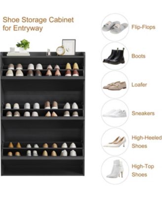 Shoe Cabinet with 3 Flip Drawers, Narrow Cabinet with Adjustable Shelves, Modern Wooden Shoe Organizer with Hidden Handle for Entryway