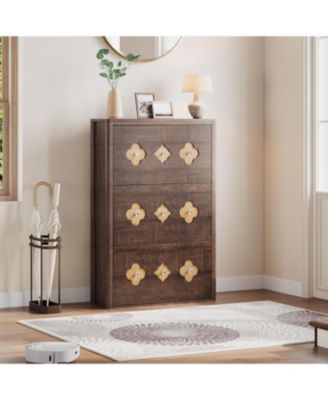 Shoe Cabinet with 3 Flip Drawers, Slim Hidden Wood Shoe Cabinet with Adjustable Shelves, Flower Pattern, Diamond Handle, Narrow Organizer