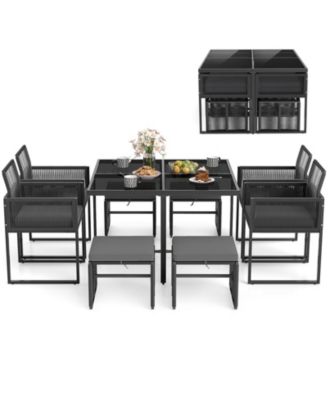 Set Of 9 Patio Dining Set w/ PE Rattan Chairs Tempered Glass Table and Ottomans