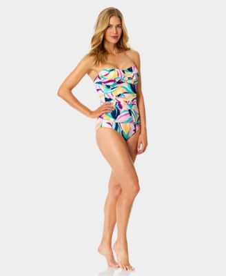 Women's Twist-Front Shirred Bandeau Neck One-Piece Swimsuit