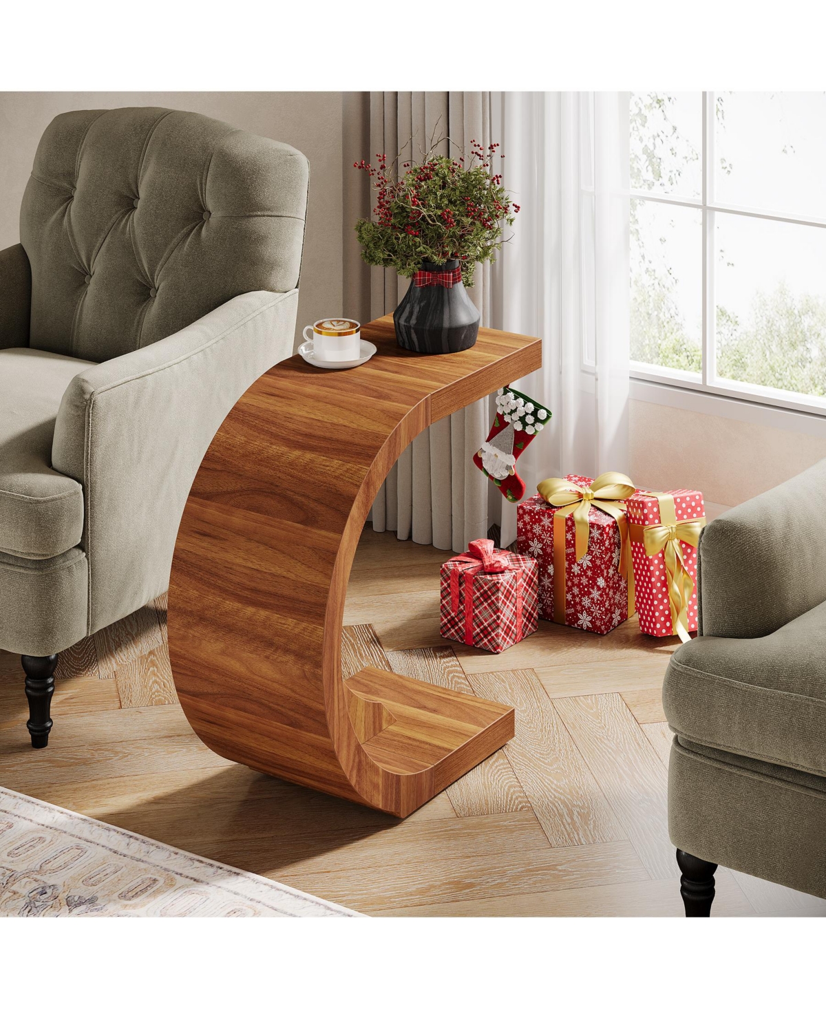 Tribesigns C-Shaped End Table, Wood Side Table for Couch Sofa Living Room Bedroom Small Space, Rustic Brown