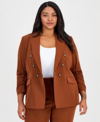 Plus Size Ruched-Sleeve Asymmetrical Blazer