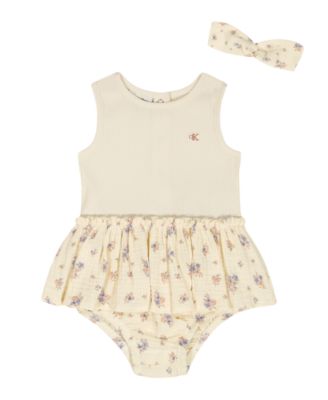 Baby Girls' Chunky Rib and Printed Cotton Sunsuit