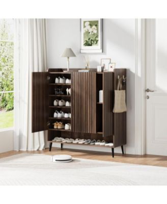 Large Shoe Cabinet with Doors 6-Tier Shoe Organizer with 3 Doors and Additional Hooks for Hallway Entryway Living Room Brown