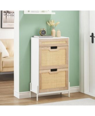 2PCS Of Shoe Cabinet with 4 Deep Flip Drawers Base Freestanding Wooden Shoe Storage Cabinet with Rattan Door and 3-Tier Adjustable Shelves