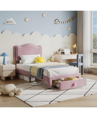 Twin Upholstered Bed Frame 2 Storage Drawers Velvet Princess Platform Double Wavy Headboard Wood Slats No Box Spring
