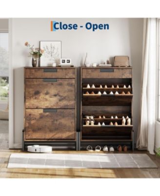 Shoe Storage Cabinet Shoe Rack Cabinet with 2 Flip Drawers and 1 Top Drawer Freestanding Hidden Shoe Storage Organizer with Adjustable Shelves
