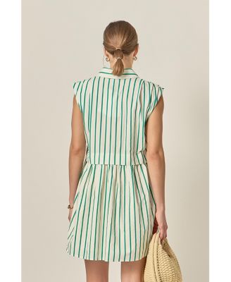 Women's Striped Pleated Shoulder Shirt Mini Dress