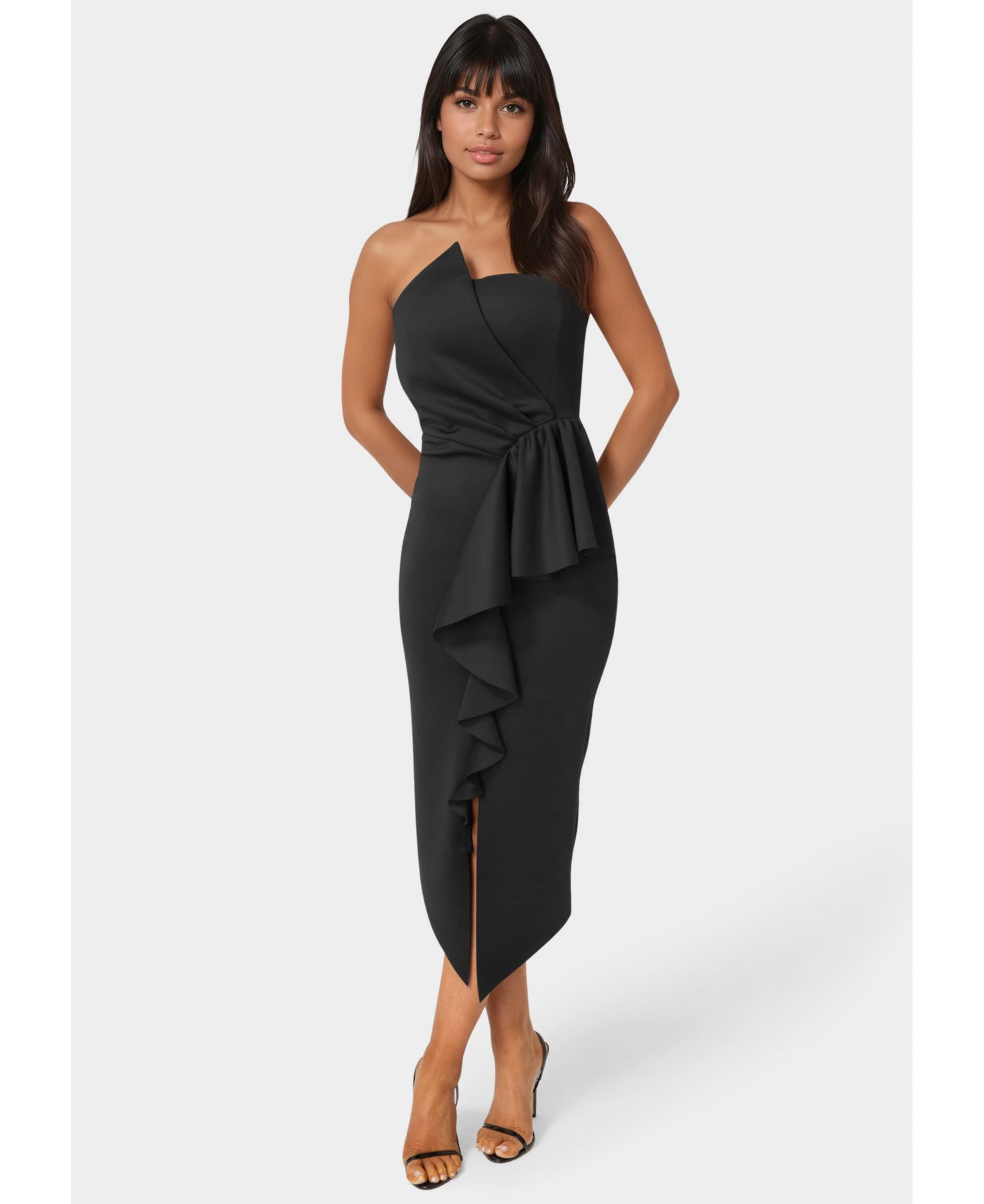 Женское платье Bebe Strapless Cascade Midi, цвет: Чёрный — фото 1