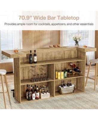 4-Tier Bar Table, 70.9-Inch Large Wooden Home Bar Unit with Wine Glass Holder and Black Footrest