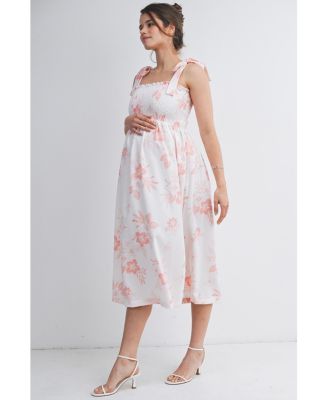 Maternity Floral Smocked Empire Waist Midi Dress with Tie Straps