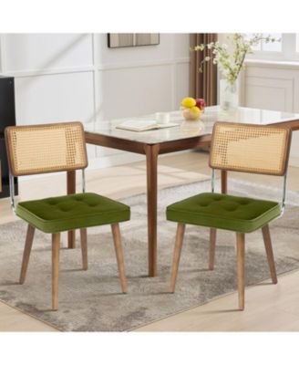 Natural Rattan Dining Chairs Set of 2, Upholstered Boho Chairs with Solid Wood Frame